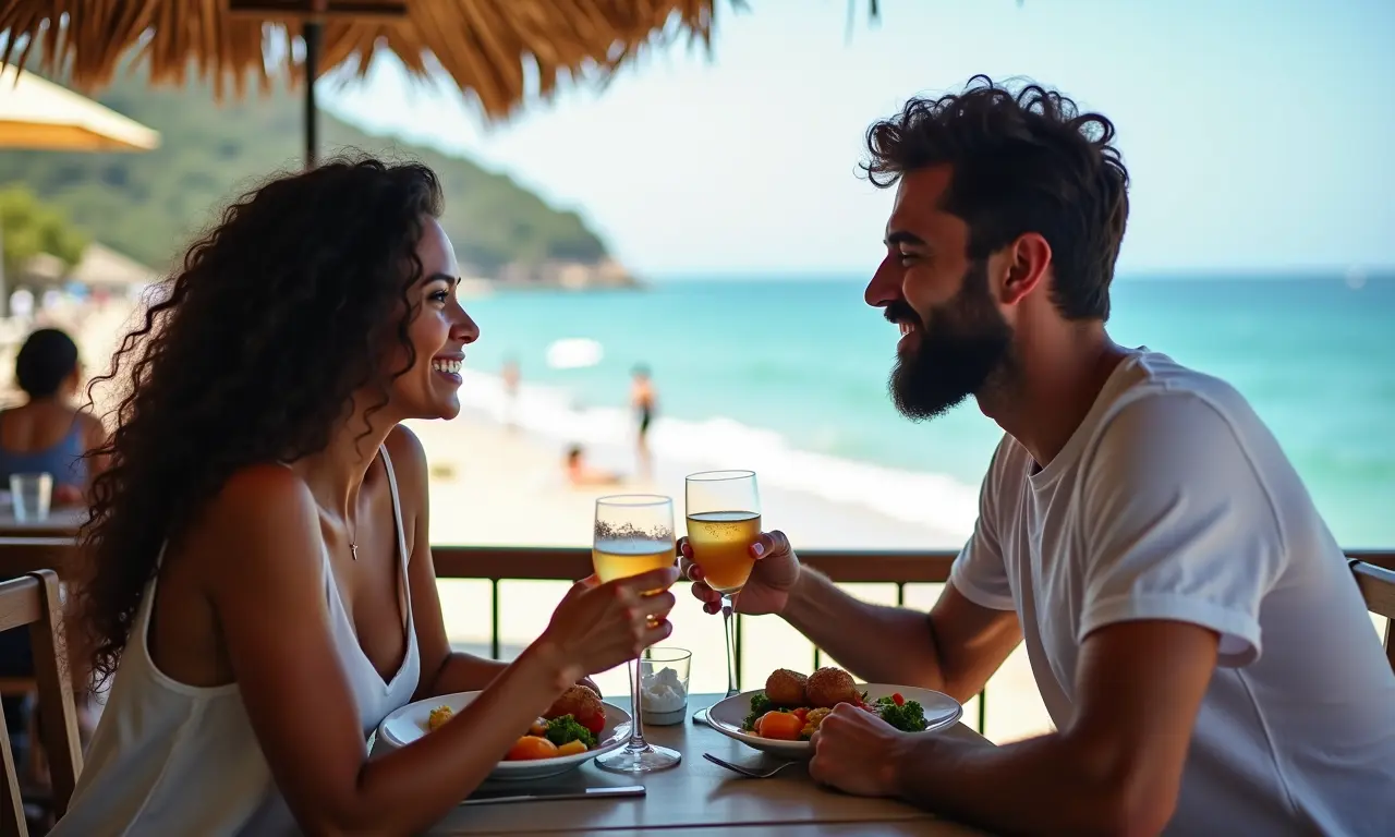 Casal almoçando em restaurante beira mar em Fortaleza.