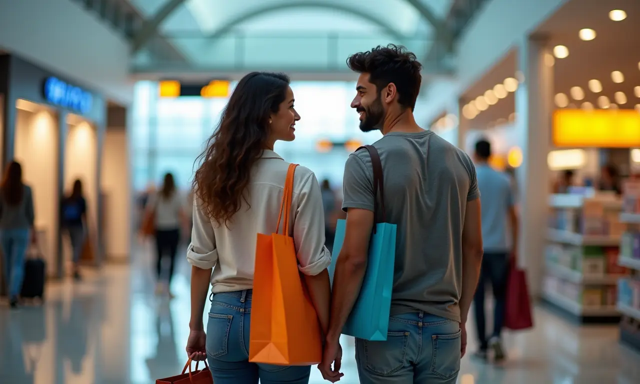 Casal brasileiro fazendo compras em duty-free, com diversas sacolas.