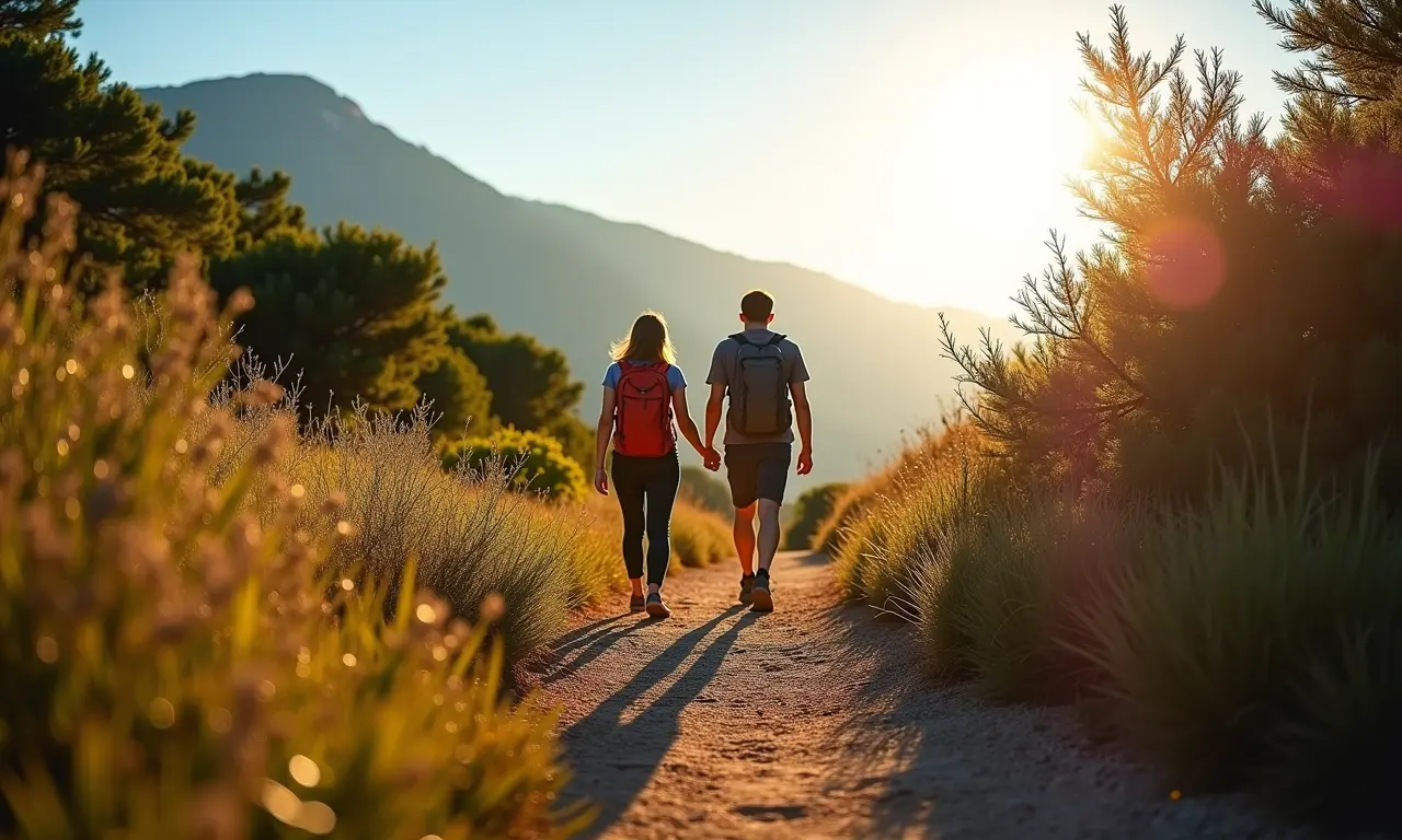 Casal caminhando em trilha ecológica em São Pedro, explorando a natureza local.