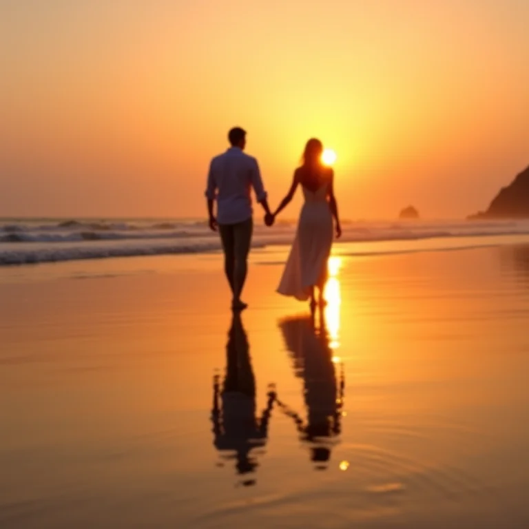 Casal caminhando na Praia do Espelho ao pôr do sol.