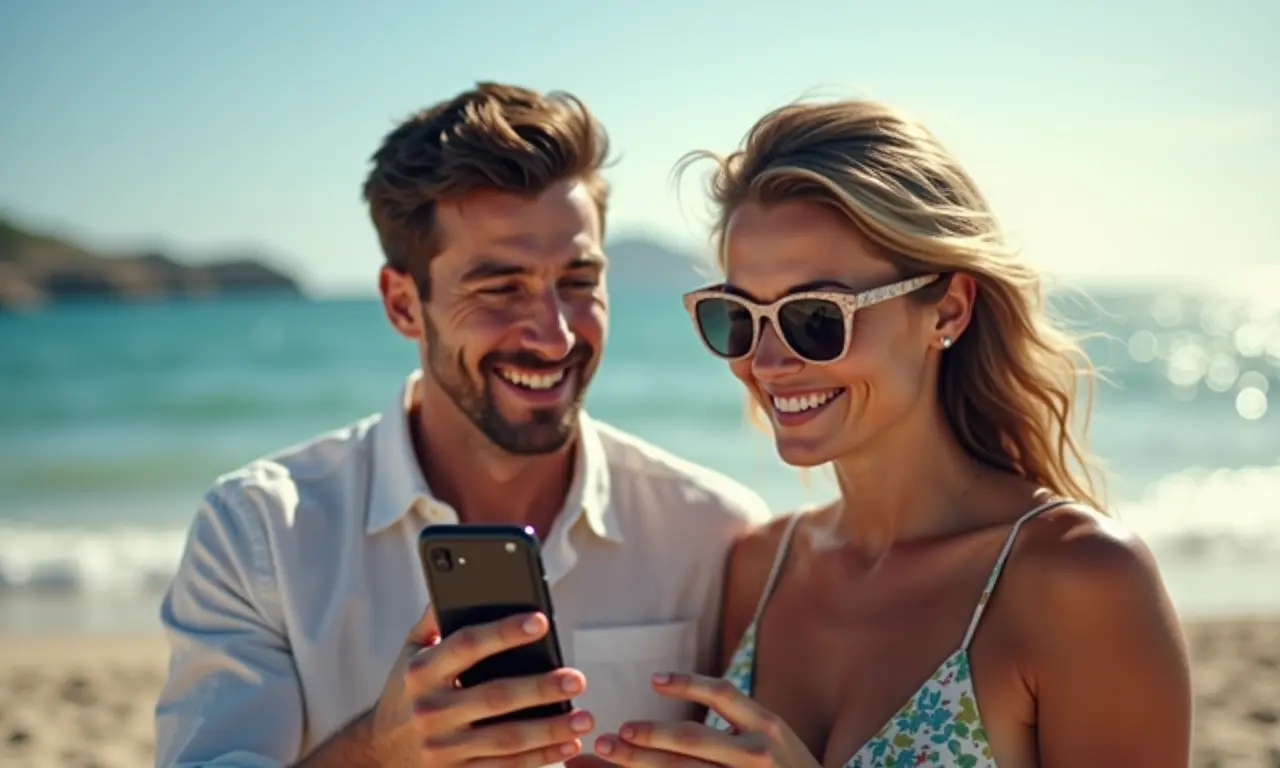 Casal consultando aplicativo de orçamento de viagem na praia.