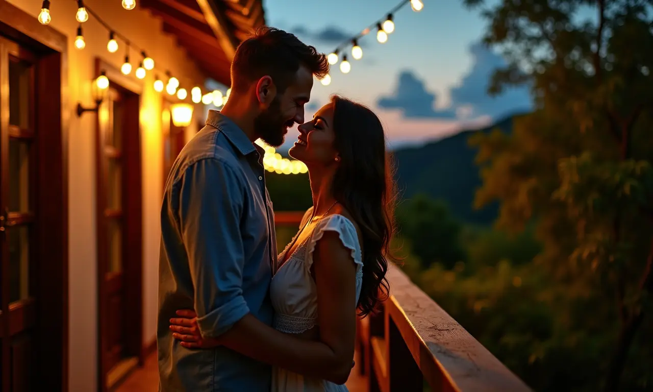 Casal curtindo noite romântica em varanda iluminada com varal de luzes.