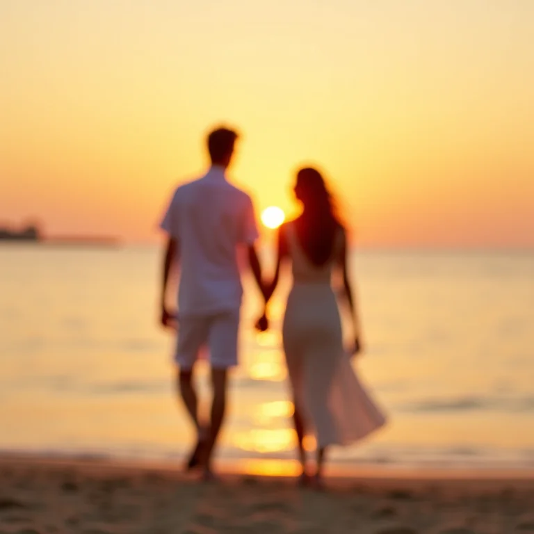Casal de mãos dadas caminhando na praia ao pôr do sol.