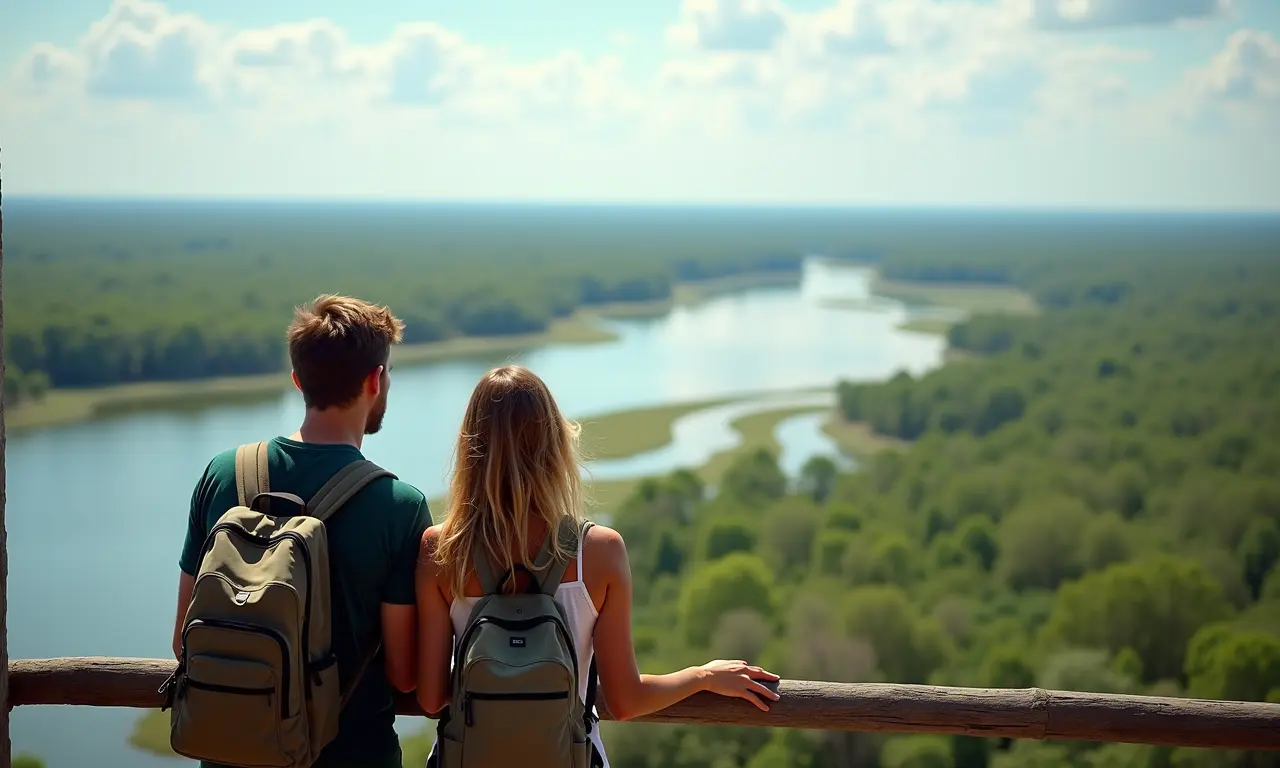 Casal de turistas admirando a paisagem do Pantanal de uma torre de observação.