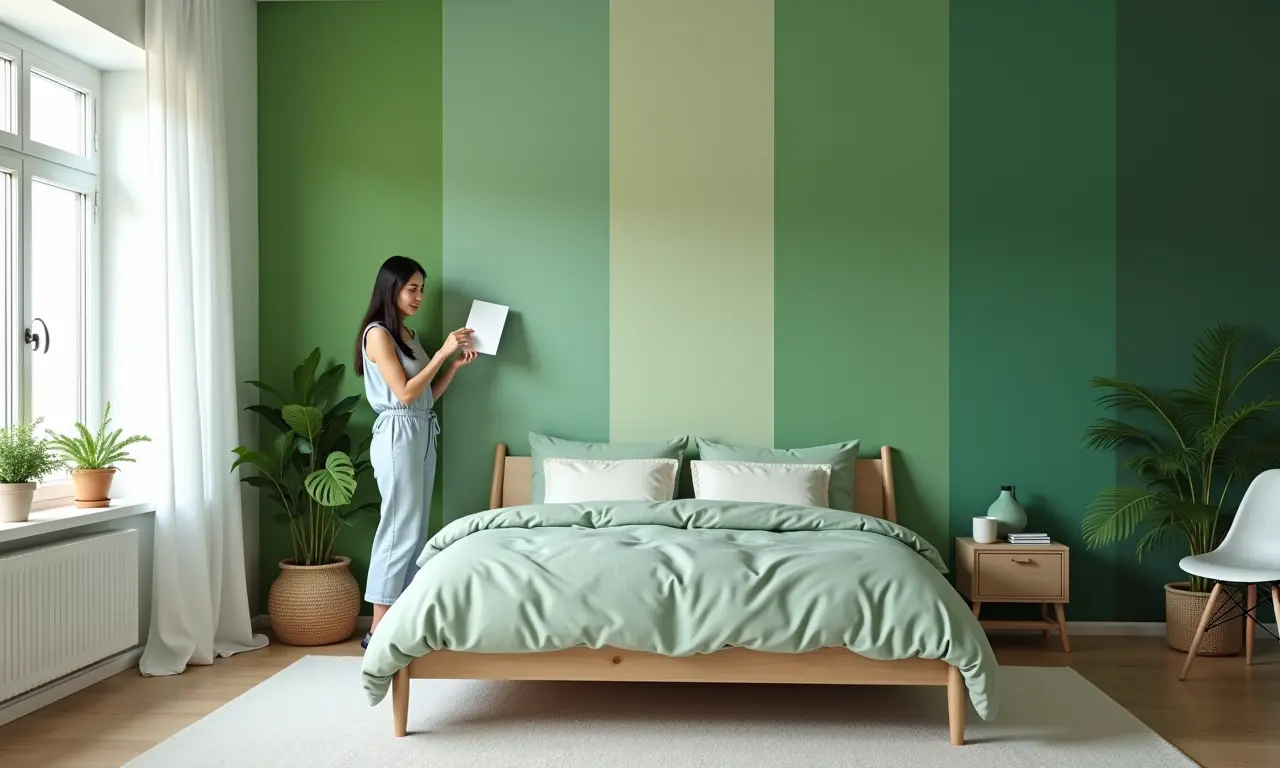 Casal escolhendo a cor verde ideal para as paredes do quarto, com amostras de tinta.