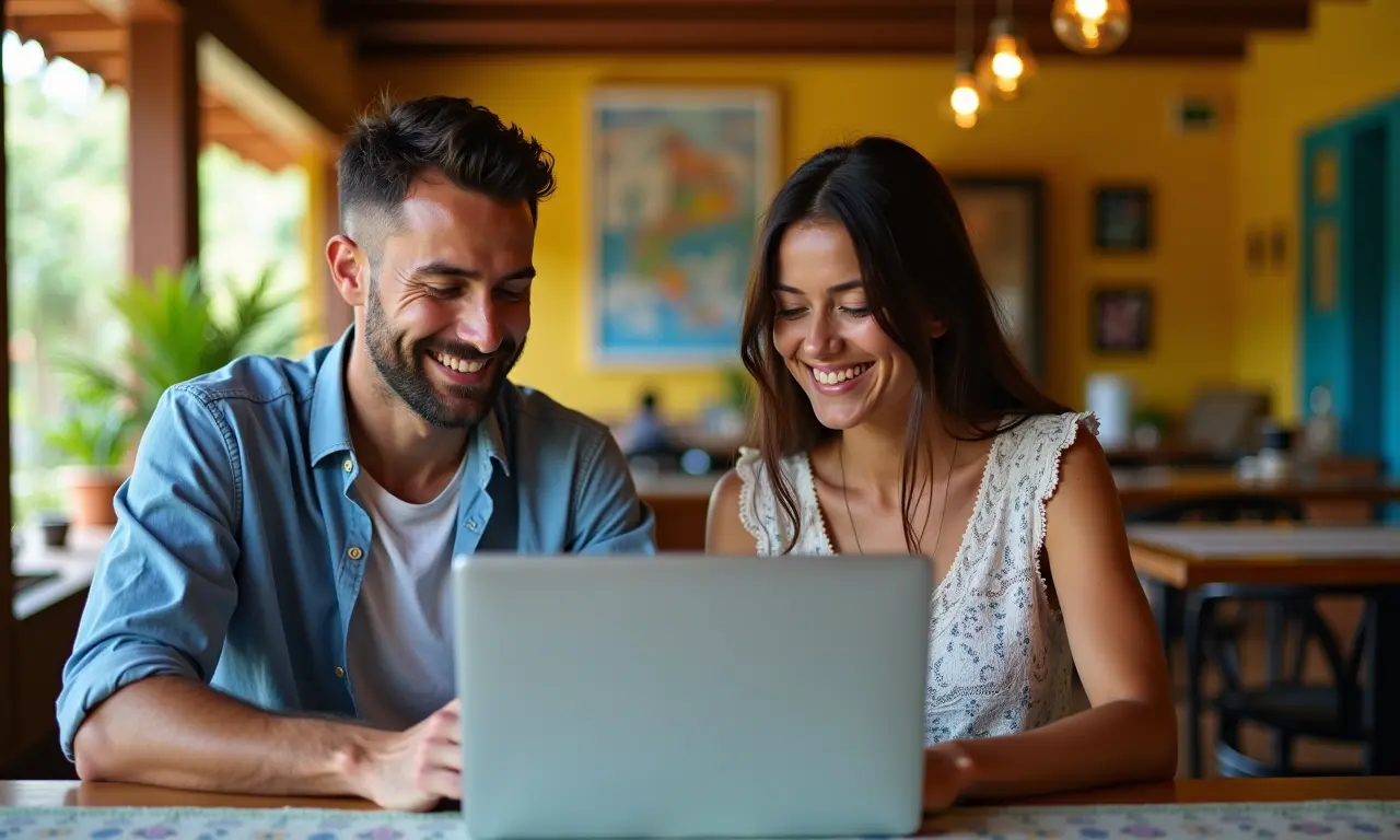 Casal planejando rota em pousada brasileira usando planejador online.