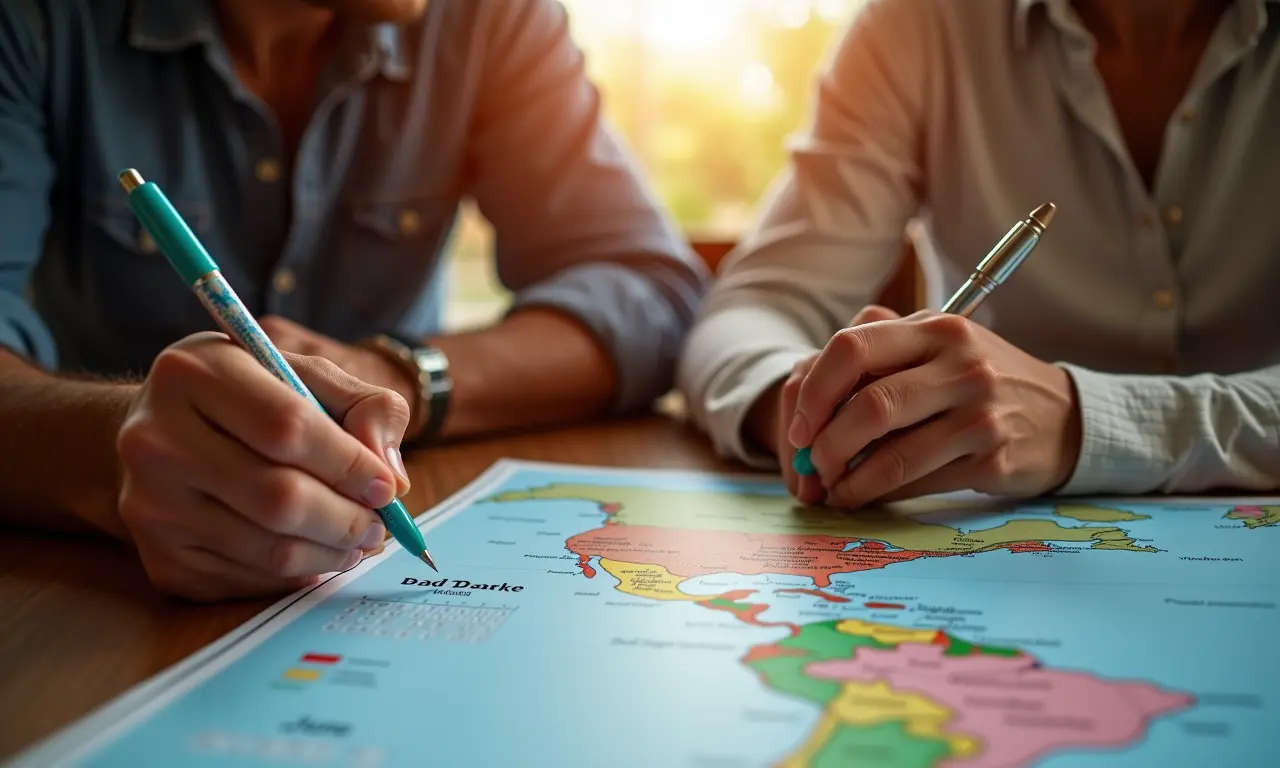 Casal planejando viagem para o Nordeste, marcando junho no calendário.
