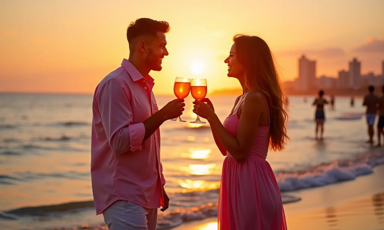 Casal romântico brindando na praia de Copacabana, vestidos de rosa.