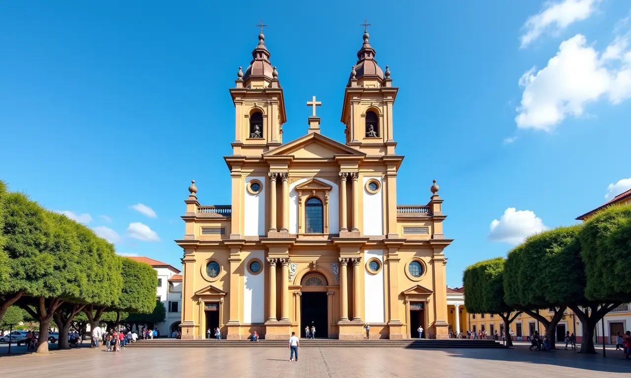 Catedral São Paulo Apóstolo em Blumenau, vista exterior com céu azul e pessoas visitando.