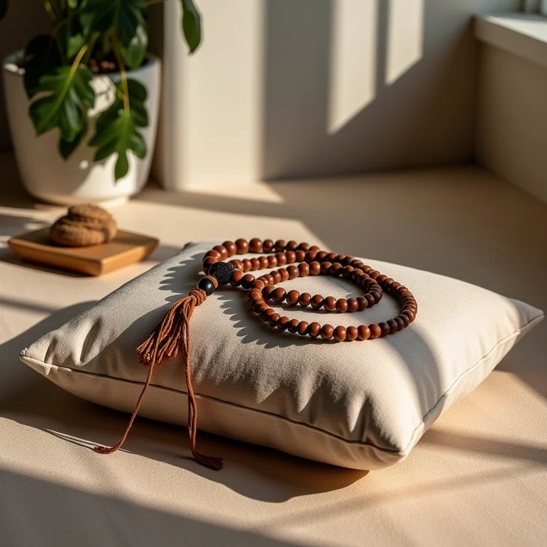 Cena com itens de meditação: almofada, japamala e incenso.