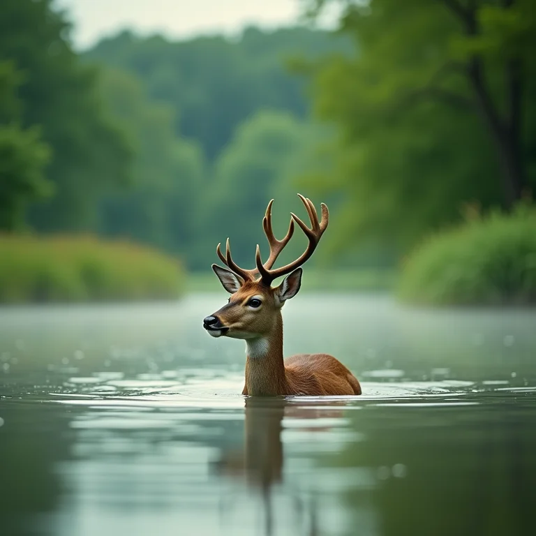 Cervo nadando em lago sereno.