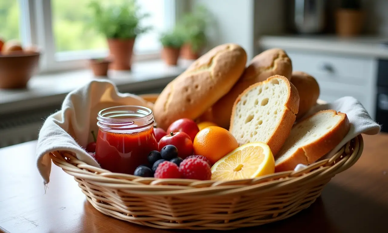 Cesta de café da manhã com pães, frutas e geleia.
