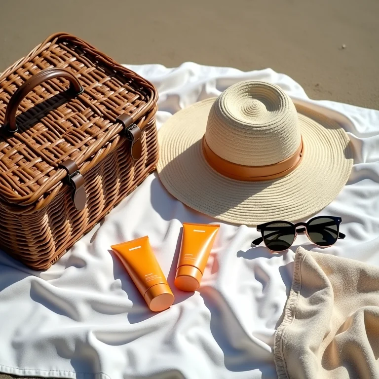 Cesta de piquenique com itens essenciais de praia