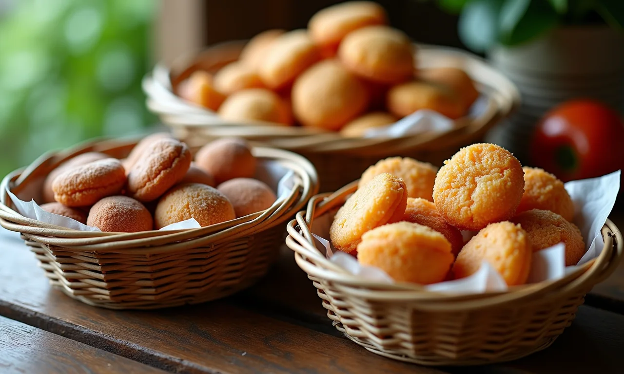 Cestos de palha cheios de doces típicos de festa junina.