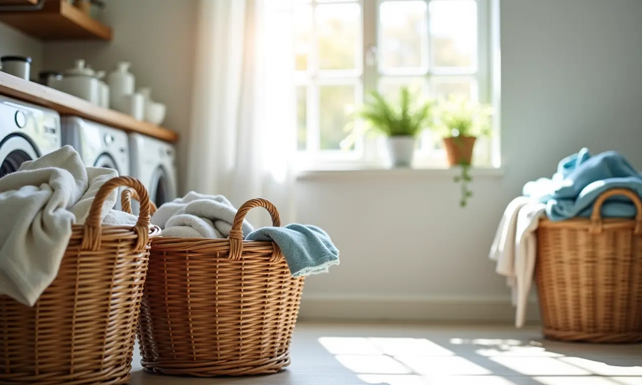 Cestos organizadores em lavanderia moderna.