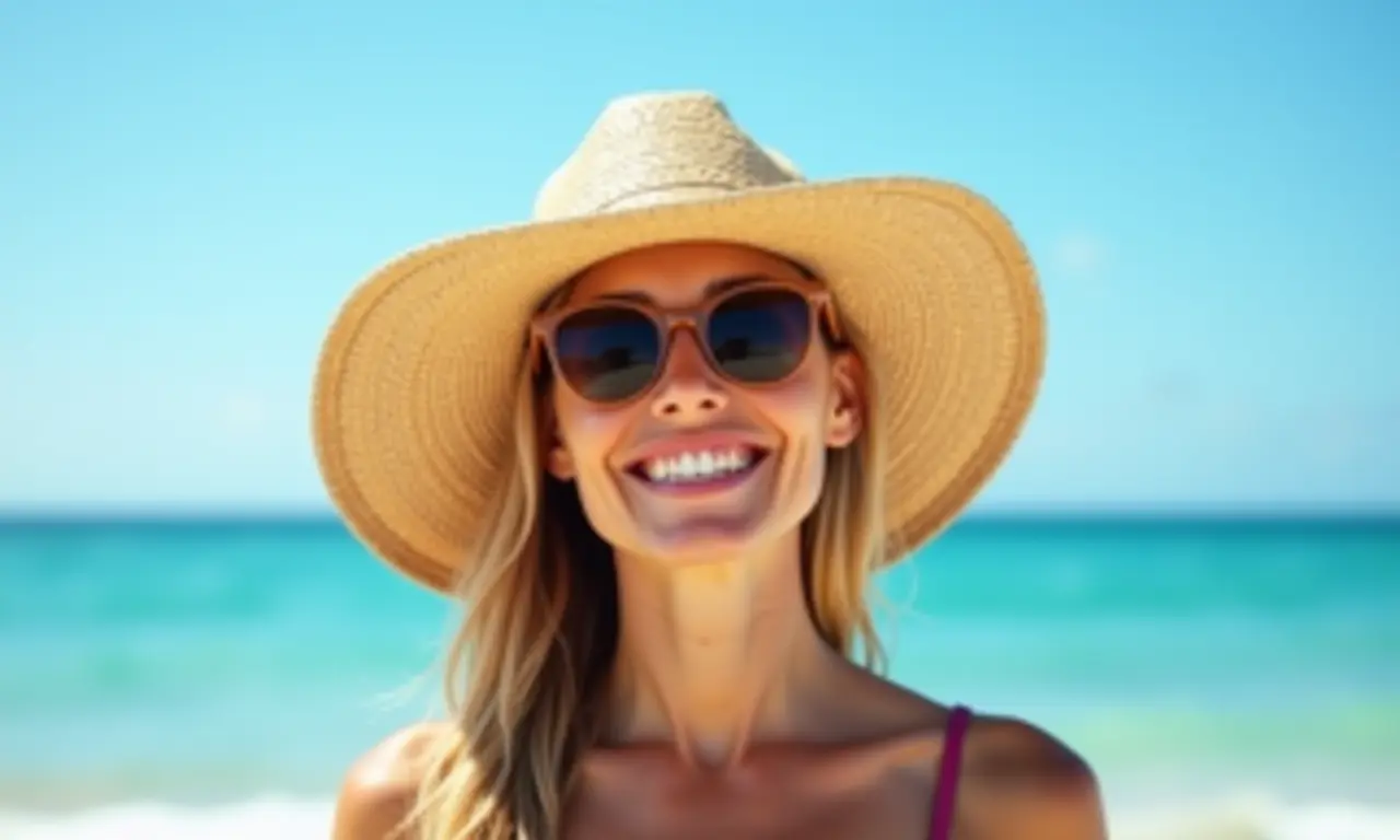 Chapéu de palha com proteção UV da marca [Marca] na praia.