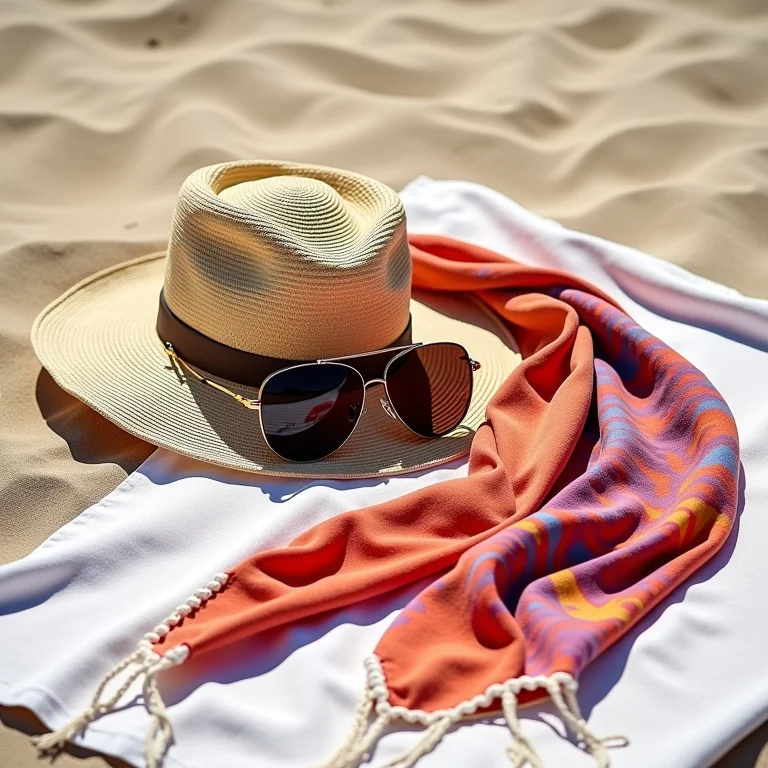 Chapéu de palha, óculos de sol e lenço colorido sobre toalha de praia