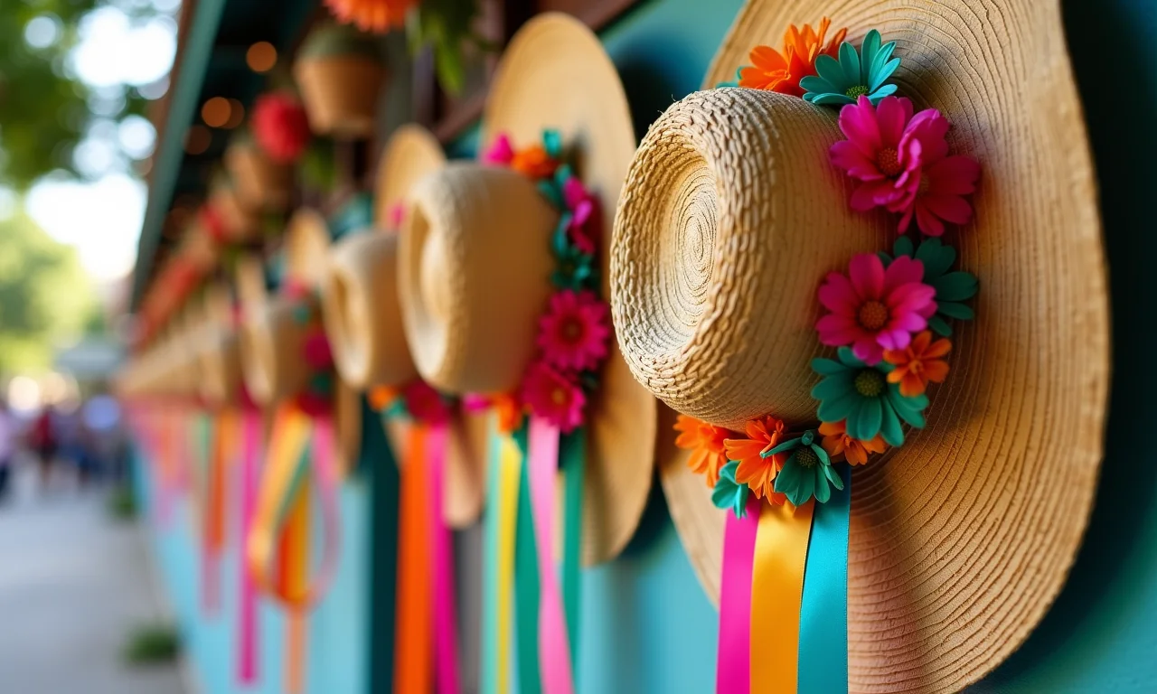 Chapéus de palha decorados pendurados na parede.