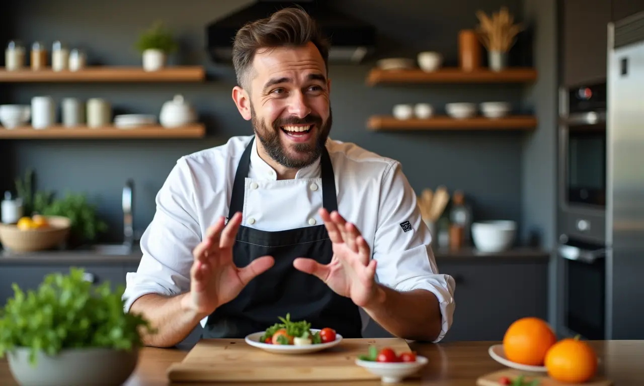 Chef explicando com paixão porque a ilha é o espaço perfeito na cozinha.