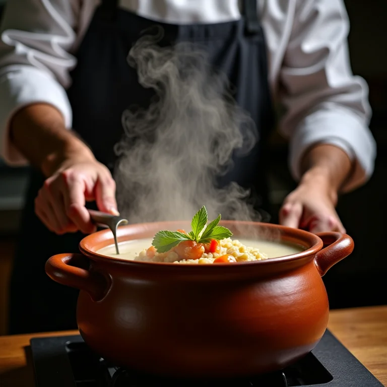 Chef preparando moqueca em panela de barro
