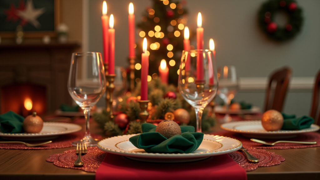 Christmas dining table with red, green, and gold decorations, ornaments, and candles. Festive Decoração de mesa de jantar 4 lugares para o Natal com bolas e guirlandas.