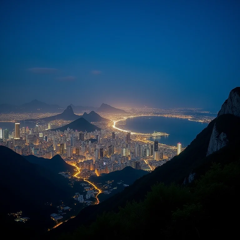 Cidade do Rio de Janeiro iluminada à noite vista do Pão de Açúcar