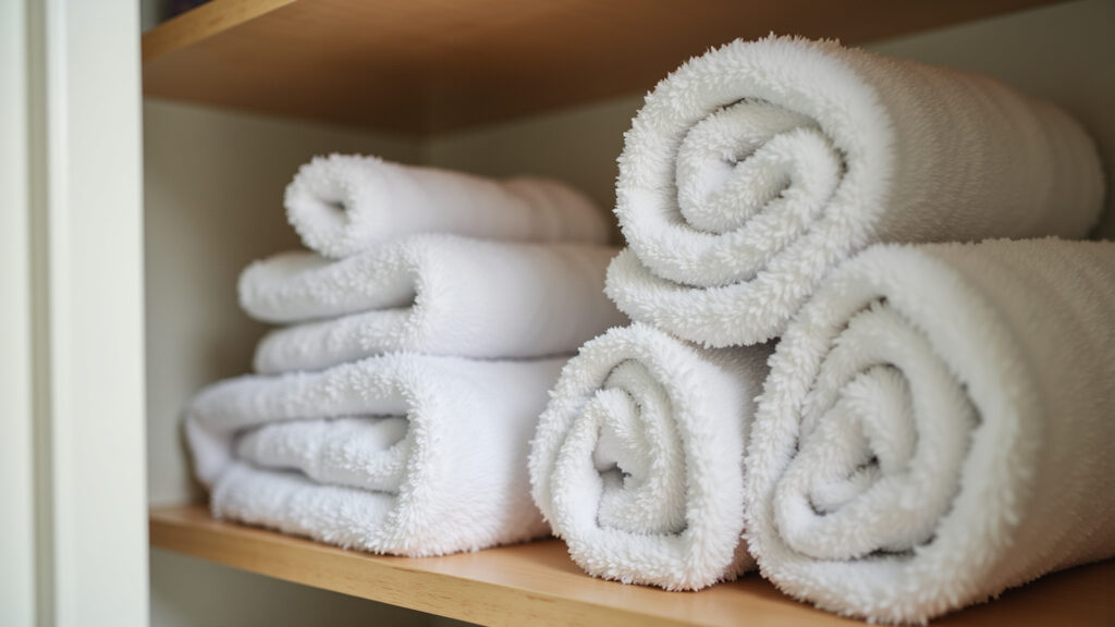 Toalhas limpas e dobradas em armário arejado.