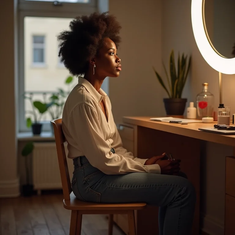 Cliente desconfortável em uma cadeira inadequada em um estúdio de maquiagem