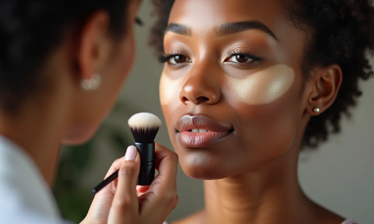 Close-up da aplicação de base de alta cobertura para uma pele perfeita.