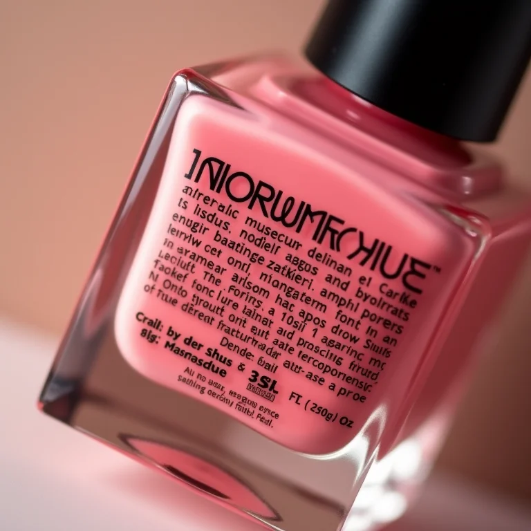 Close-up da lista de ingredientes em um frasco de esmalte.