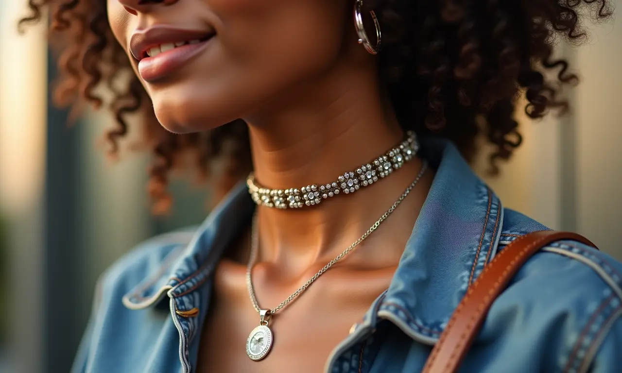 Close-up de acessórios estilosos complementando roupa da moda.