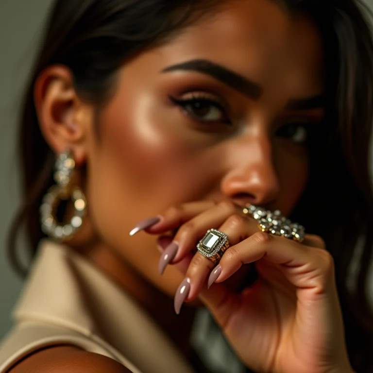 Close-up de acessórios statement em uma mulher latina