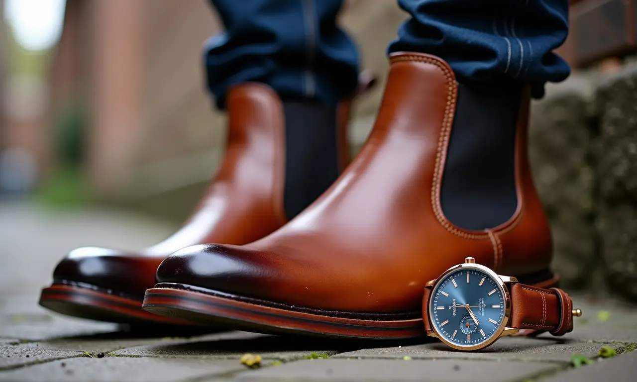 Close-up de bota Chelsea com acessórios como relógio estiloso e cinto de couro.