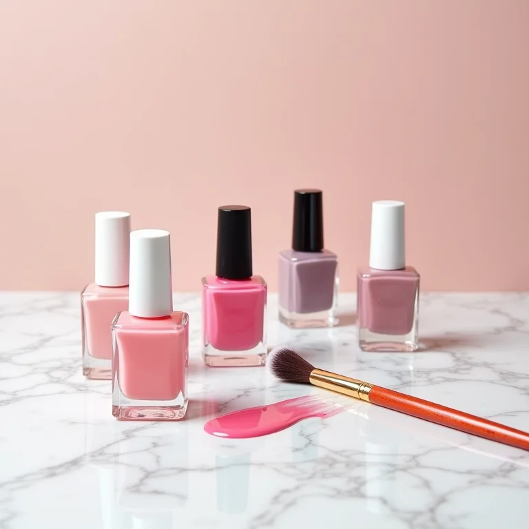 Close-up de frascos e pincéis de esmalte dispostos sobre mármore.