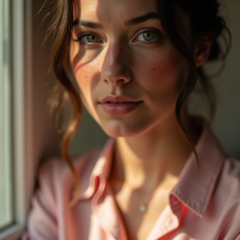 Close-up de mulher com blusa rosa delicada