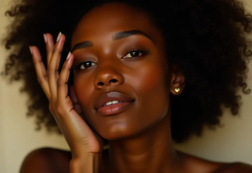 Close-up de mulher sorrindo com rugas na testa, sem filtro