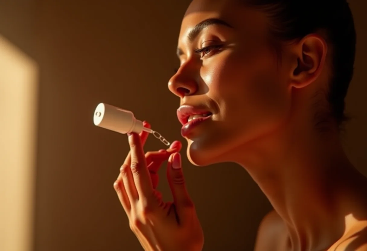 Close-up de uma mulher aplicando óleo secante nas unhas.