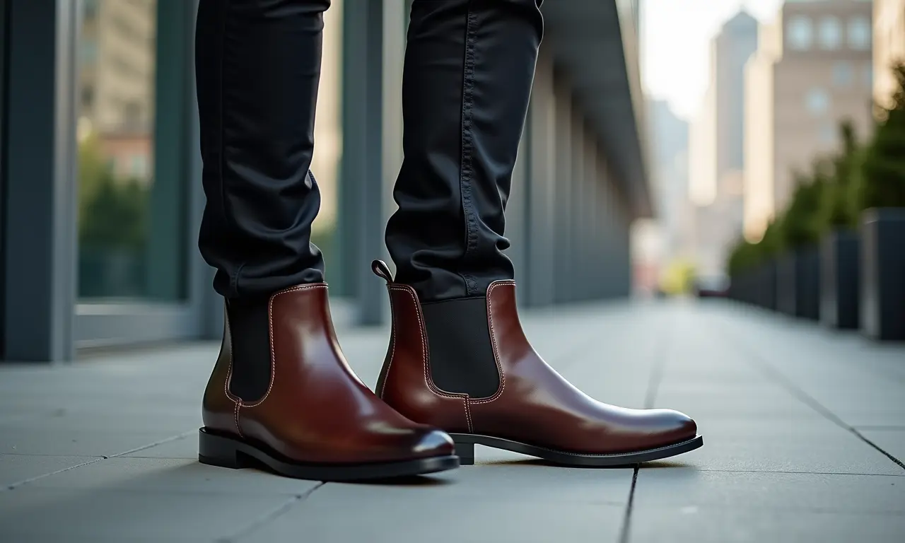 Close-up elegante de bota Chelsea masculina em ambiente urbano moderno.