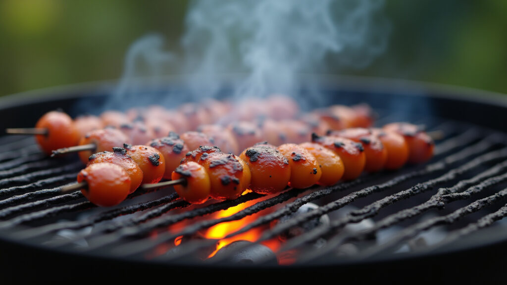 Espetinhos assando em churrasqueira a carvão.