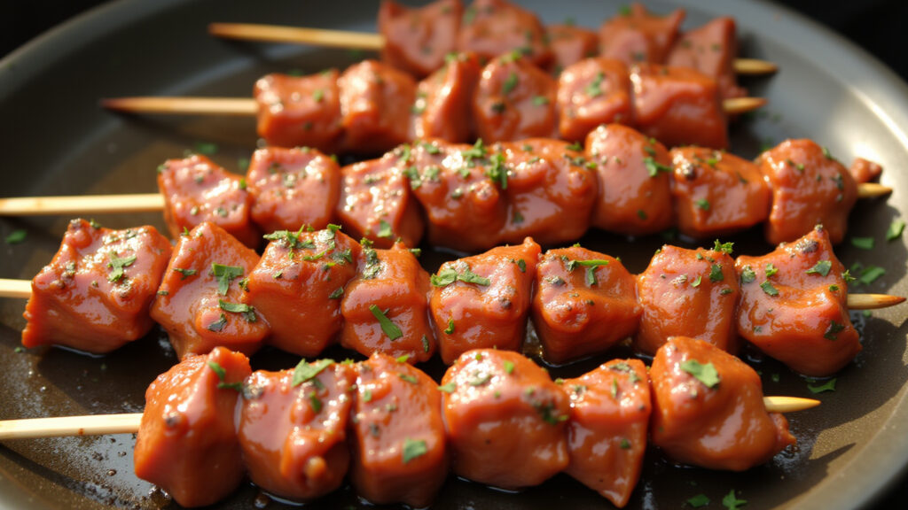 Espetinhos de carne marinados prontos para churrasco.