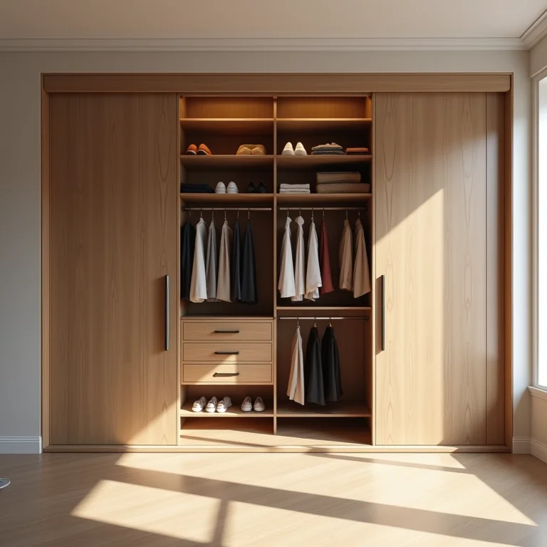 Closet com portas de correr otimizando espaço.
