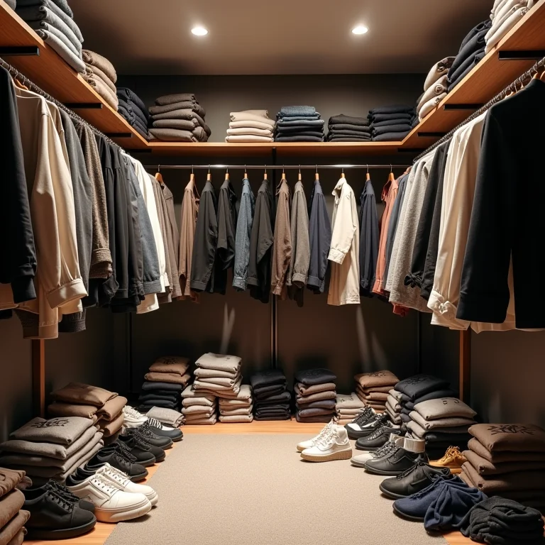 Closet desorganizado e com roupas amontoadas.