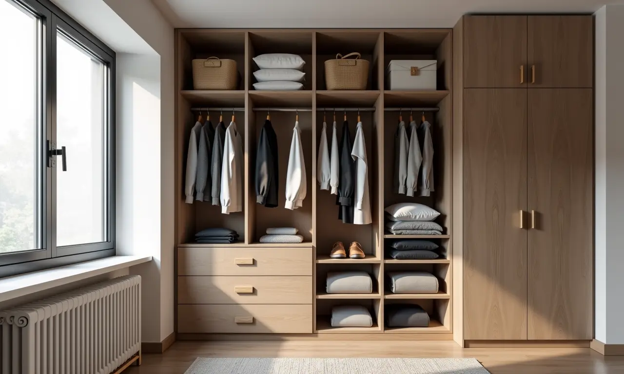 Closet organizado em apartamento pequeno.