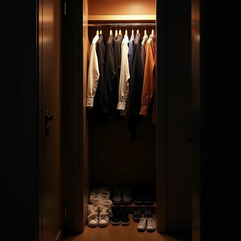 Closet pequeno e desorganizado com roupas amontoadas.