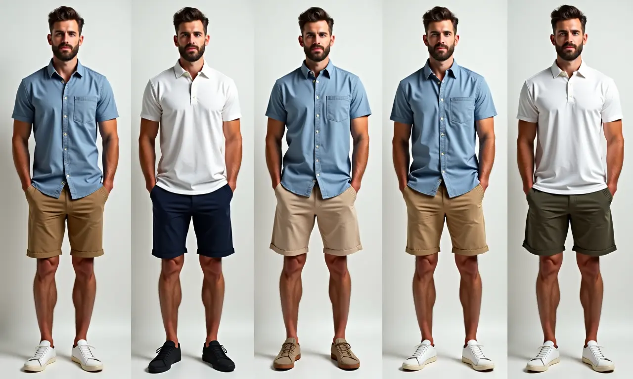 Colagem de diferentes looks masculinos de verão com vários estilos de shorts.