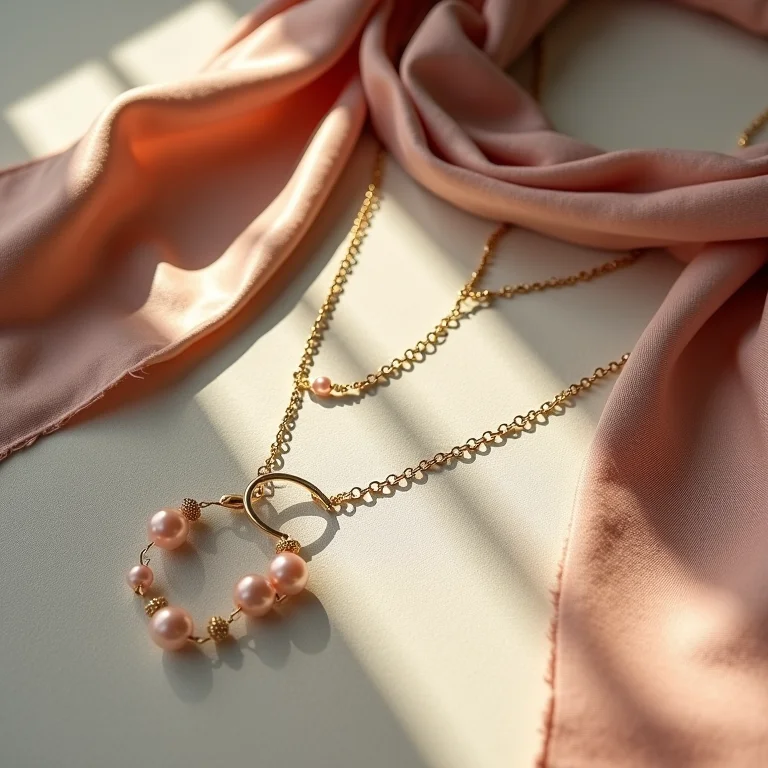 Colares delicados, cintos e lenços dispostos artisticamente sobre uma superfície texturizada