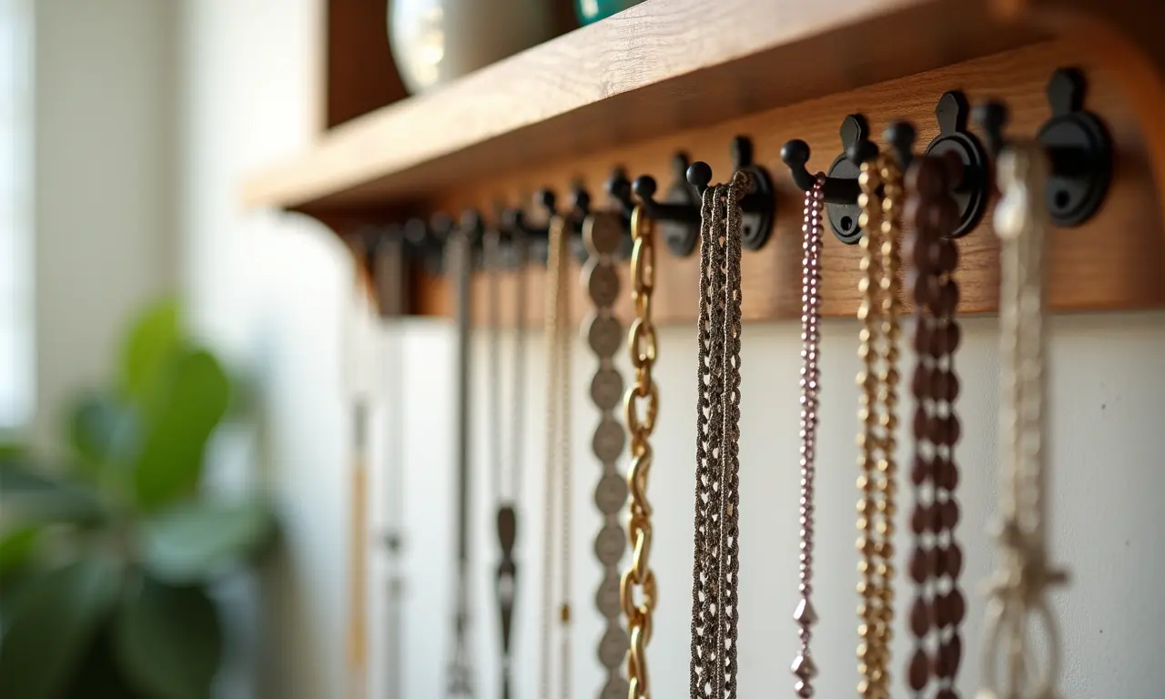 Colares organizados em cabides de forma criativa.