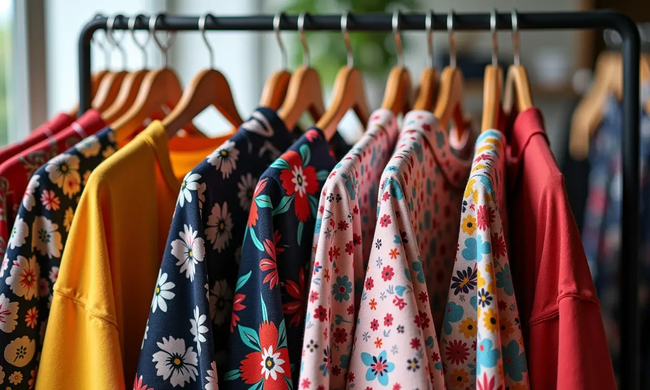 Coleção de tops faixa coloridos e estampados em um cabideiro.