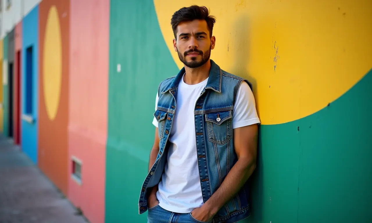 Colete casual: homem despojado e moderno no Rio de Janeiro.