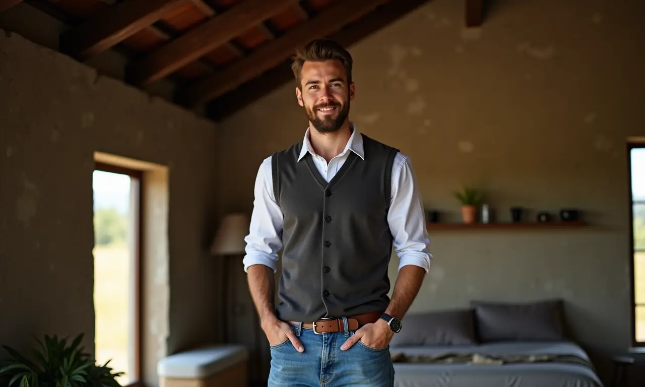 Colete com calça jeans: combinação versátil em casa rústica.